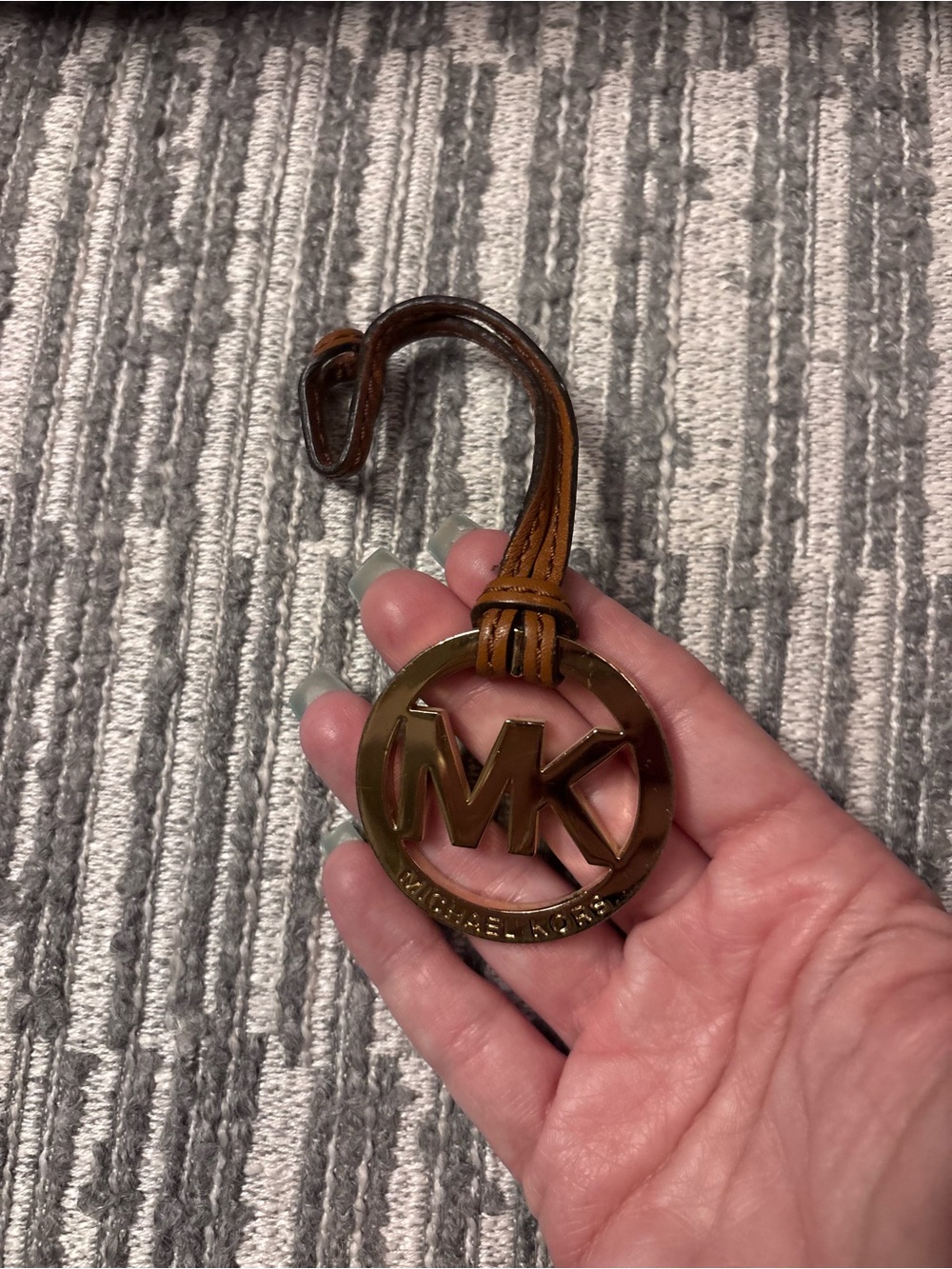 Michael Kors Gold-Tone MK Logo Key Ring with Brown Leather Strap